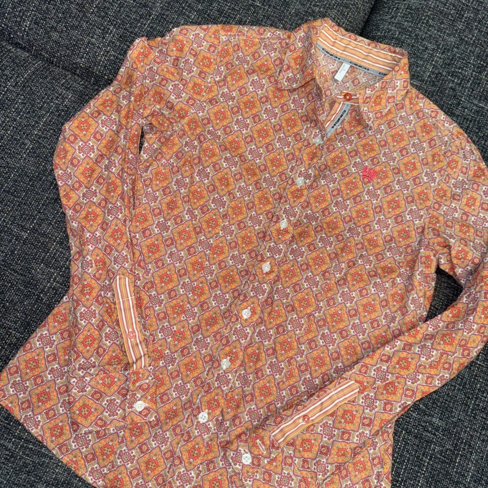 Cinch Button Down Shirt Womens S Orange Excellent Geometric Paisley MSW9165019